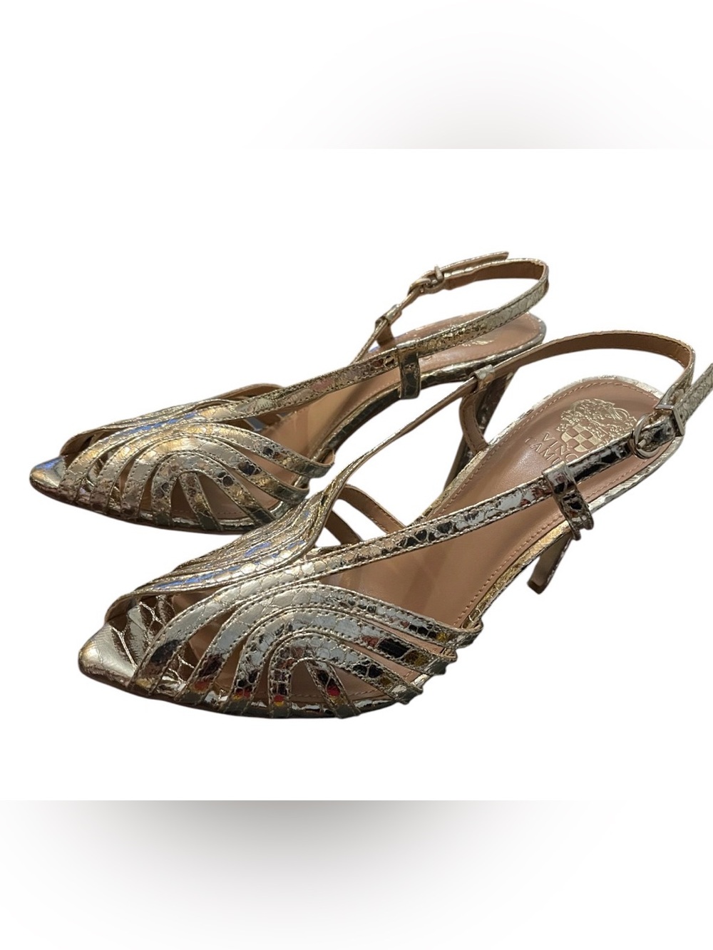 VINCE CAMUTO HANNIE CAGED TOE SANDALS SLINGBACK PEEP TOE GOLD METALLIC SIZE 6.5M - Picture 11 of 15